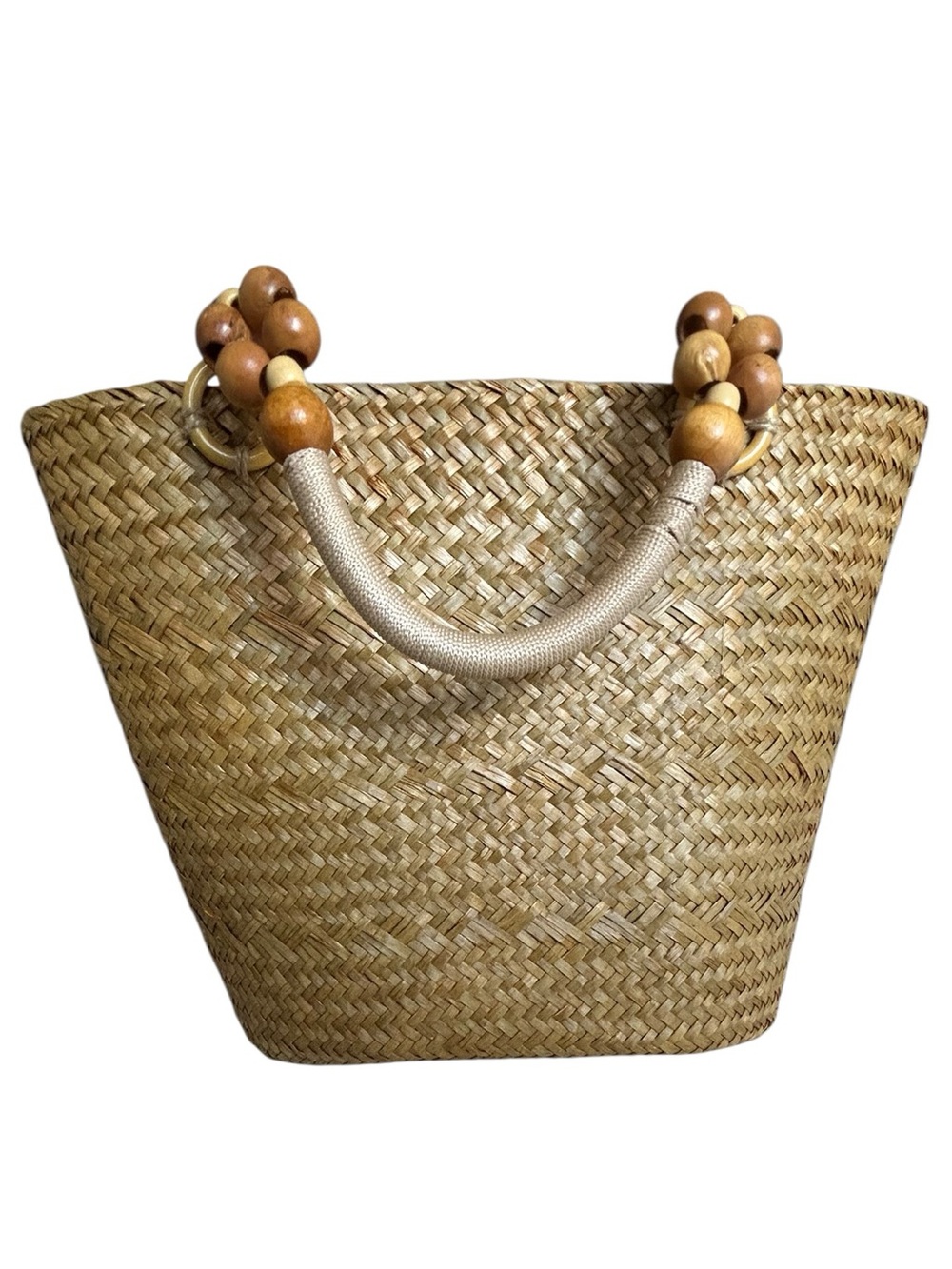 Handwoven Straw Tote Bag with Beaded Handles - Natural